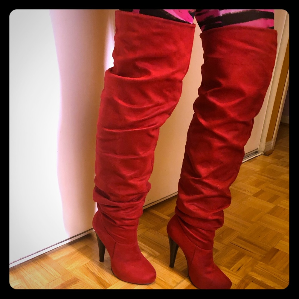 Over the knee high red suede heel boots